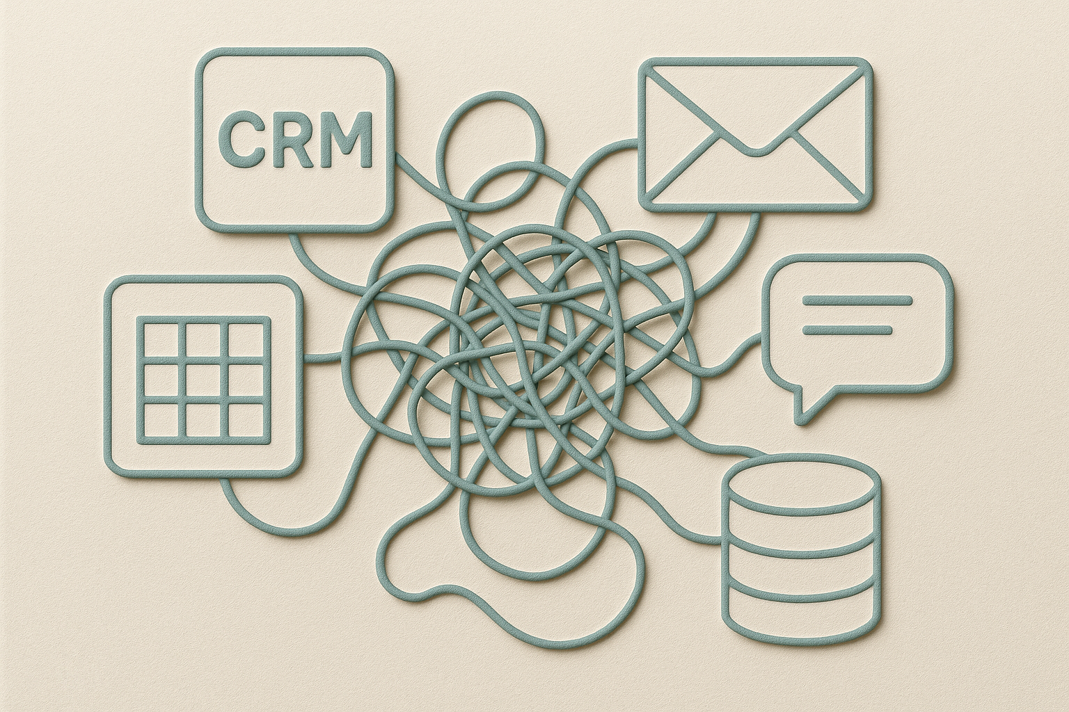 Visualisierung des verhedderten Netzes von 9 Tools und gebrochenen Datenflüssen