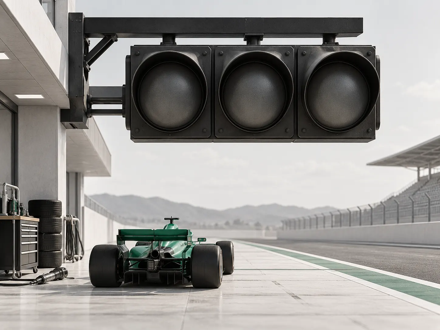 A mint racing car waits under an oversized traffic signal with every lamp unlit: a metaphor for execution waiting on a decision.